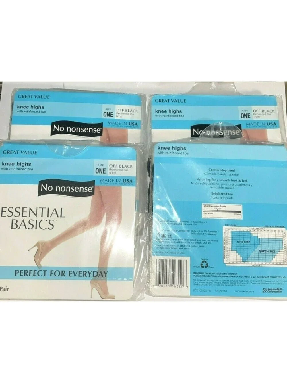 Womens No Nonsense Knee Highs (4) Size 1 OFF BLACK Reinforced Toe Sealed 4-Pack